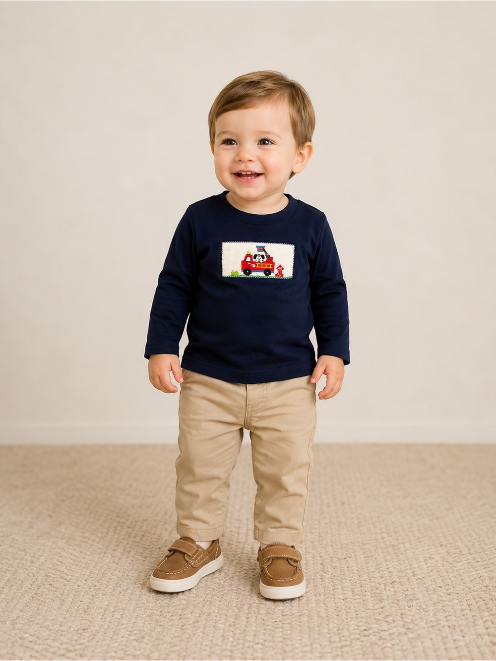 Kids Navy Smocked  Long-Sleeve Shirt with Fire Truck